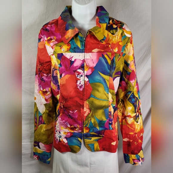 ERIN LONDON Vibrant Red and Blue Zip Up Floral Shirt Jacket - Size XL - Picture 1 of 4